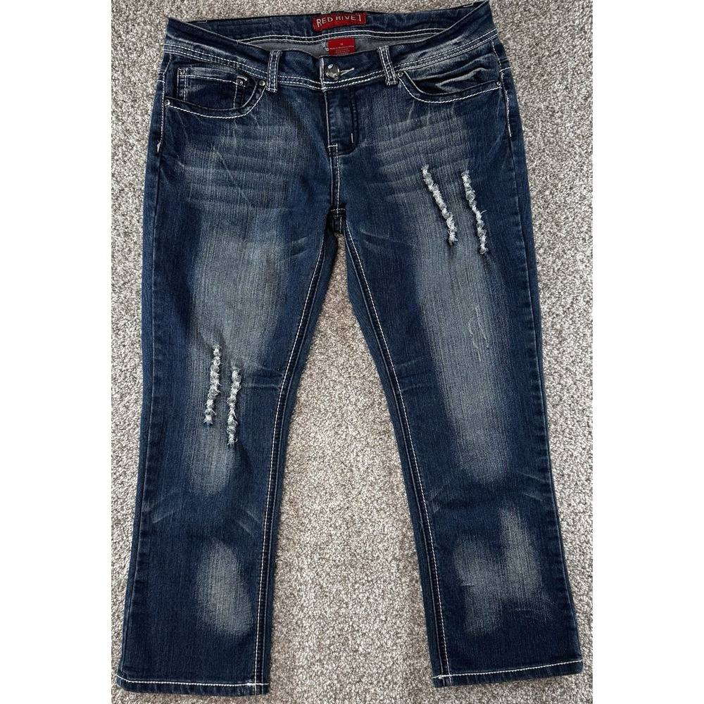 Red Rivet Capri Jeans Juniors Size 11 Distressed Embellished Pockets Dark Wash